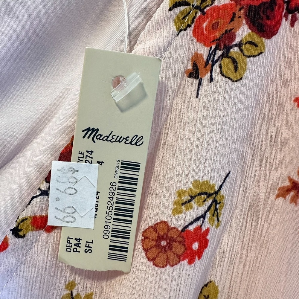 Madewell Sz-4 Midi Dress Tie Sleeve Ruffle Waist Countryside‎ Blooms Pink Floral - Picture 14 of 15